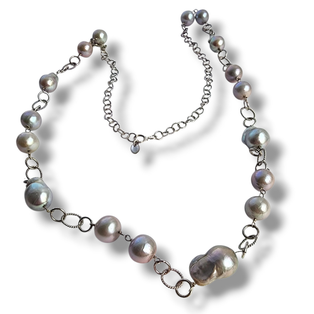 Signed LUC 925 CN Lucas Lameth Sterling Silver Gray Baroque‎ Pearl Necklace long